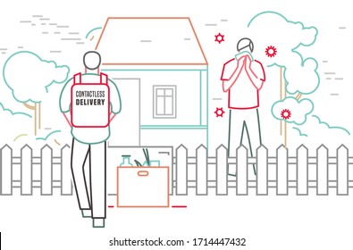 Safe contactless delivery image. Epidemic infection prevention concept. Stay home in quarantine. Fast courier service. Horizontal poster. Editable vector illustration in bright colors
