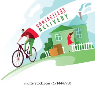 Safe contactless delivery image. Epidemic infection prevention concept. Stay home in quarantine. Fast courier service. Horizontal poster. Editable vector illustration in bright colors

