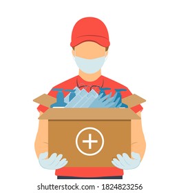 Safe and contactless  delivery of medicines during the coronavirus epidemic. A courier wearing a mask and gloves holds a cardboard box with medical masks, gloves, sanitizers. Vector flat illustration.