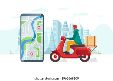 Safe contactless delivery service app concept. Boy courier in motorbike helmet on red scooter moped delivering package box. Online ordering mobile application on cityscape and location pin eps
