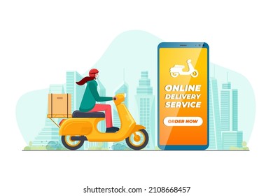 Safe contactless delivery service app concept. Girl courier in motorbike helmet on motor scooter moped delivering package box. Online ordering mobile application on cityscape and location pin. Vector