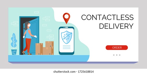 Safe contactless delivery service banner. Woman ordered contactless delivery via application. Protection from covid-19 or coronavirus. Flat vector template for your business.