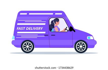 Safe, contactless delivery service door to door. Food delivery and online order concept vector for app. Man is driving van with goods. Courier is hurrying up.