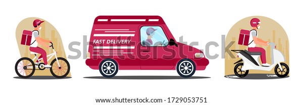 Safe, contactless delivery service door to door.\
Food delivery and online order concept vector for app. Man is\
riding bicycle with restaurant meal. Pizza courier is driving\
motorbike and wearing\
mask.