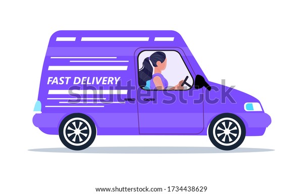 Safe, contactless delivery\
service door to door. Food delivery and online order concept vector\
for app. Man is driving van with goods. Courier is hurrying\
up.