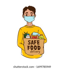 Safe contactless food delivery service concept, boy courier in mask holding paper package with grocery to door after online order, meal delivery in case of epidemic situation to safe those stay home