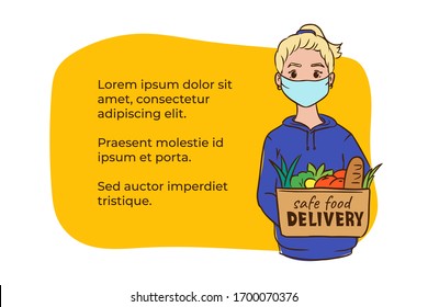 Safe contactless food delivery service concept, girl courier in mask holding paper package with grocery to door after online order, meal delivery in case of epidemic situation to safe those stay home 