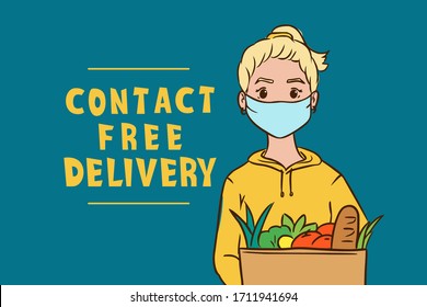 Safe contactless food delivery service concept, girl courier in mask holding paper package with grocery to door after online order, meal delivery in case of epidemic situation to safe those stay home 