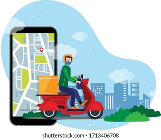 Safe contactless food and goods delivery by bike during a pandemic. Delivery of food and goods in medical masks. Delivery service.