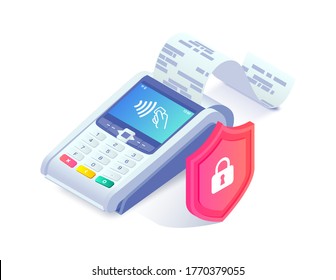 Safe contactless payments isometric concept. 3d payment machine printing check behind shield isolated on white. Cashless transaction protection, NFC payment safety. Vector illustration.