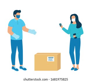 Safe contactless remote delivery of goods to buyer. Man courier delivered parcel box to woman customer. Coronavirus pandemic illness concept. Vector illustration 