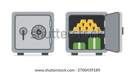 Safe containing money and gold. Open and closed metal vault. Bank safe icons. Box with door for secure deposits. Financial storage container. Vault with lock. Security and protection concept. Vector.
