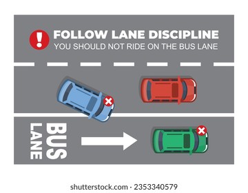 plantilla de sugerencias y reglas de tráfico seguras y correctas. seguir la disciplina del carril no viajar en bus. coches con vistas al cielo y carretera. ilustración plana de dibujos animados vectoriales