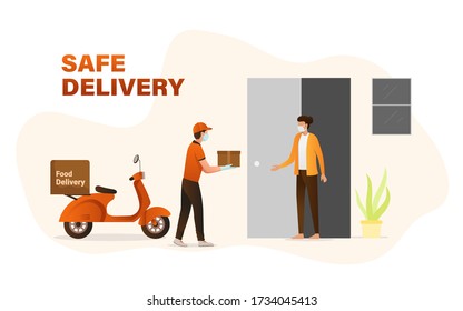 Safe Courier Delivery, Delivery guy on scooter, wearing gloves and mask, holding a parcel. Take precautions, Stay home Stay Safe, Quarantine, Safe home delivery.