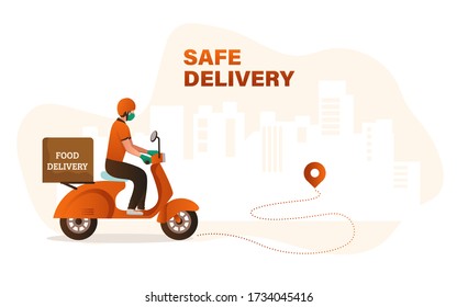 Safe Courier Delivery, Delivery guy on scooter, wearing gloves and mask, holding a parcel. Take precautions, Stay home Stay Safe, Quarantine, Safe home delivery.