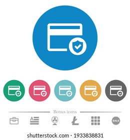 Safe credit card transaction flat white icons on round color backgrounds. 6 bonus icons included.