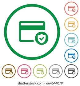 Safe credit card transaction flat color icons in round outlines on white background