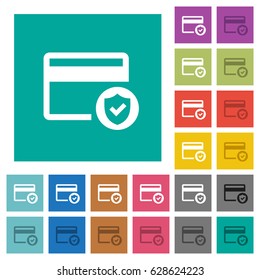 Safe credit card transaction multi colored flat icons on plain square backgrounds. Included white and darker icon variations for hover or active effects.