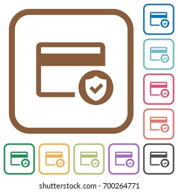 Safe credit card transaction simple icons in color rounded square frames on white background