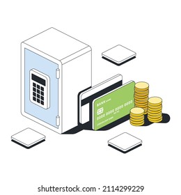 Safe credit cards coins. Vector 3d sketch line isometric style, color icon illustration. Creative design idea and infographics elements.