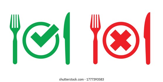 Safe and danger foods Food safety, ready to eat Easy prep foods icon Vector logo sign for dinner, breakfast, lunch Healthy diet cooking Fork and knife icon Grocery good ideas service stop no eating