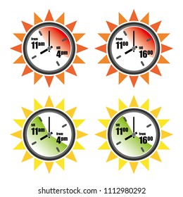 Safe and dangerous sun hours for sunbathing icon set. Vector illustration