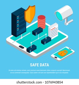 Safe data design concept with  lock surveillance camera and shield as security symbols server and smartphone isometric icons vector illustration 