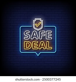 safe deal neon sign vector with brick wall background 