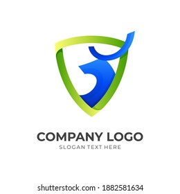 safe deer logo, deer and shield, combination logo with 3d blue and green color style