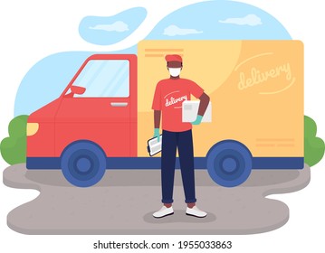 Safe delivery 2D vector web banner, poster. African american courier in mask flat characters on cartoon background. Essential service during coronavirus pandemic printable patch, colorful web element