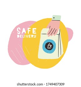 Safe Delivery banner and flat style hand holding paper bag  Cartoon illustration shipping package and steaming coffee icon  Handdrawn image and trendy round shapes for online store in quarantine