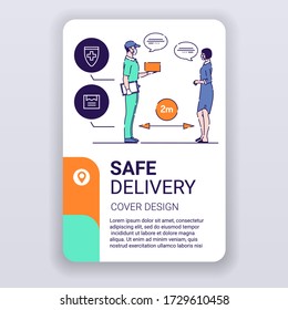 Safe delivery brochure template. Courier services cover design. Print design with linear illustrations cartoon character on a white background