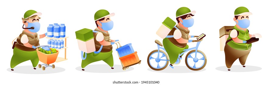 Safe delivery. Characters, shopping for groceries and food. Couriers with thermal bag. Vector illustration in cartoon style
