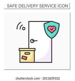 Safe delivery color icon. Contact less door-to-door order delivery with corona virus stop. Concept of online shopping service and retail in covid pandemic. Isolated vector illustration