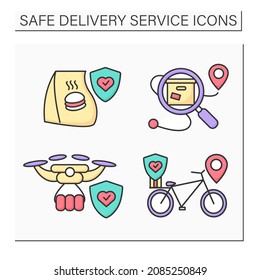 Safe delivery color icons set. Tracking, drone and bike, food delivery during corona virus pandemic. Isolated vector illustration