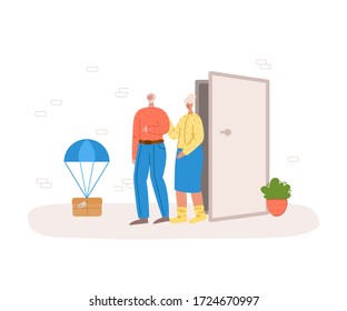 Concepto de entrega segura - contacto menos entrega de paquetes de casa a puerta principal, servicio de mensajería urgente para simpores o ancianos en aislamiento de cuarentena - vector de dibujos planos.