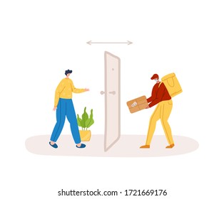 Safe delivery concept - contactless delivery of products or parcels to home to front door, express courier service with safe distance for quarantine - flat cartoon vector. Courier in mask and client