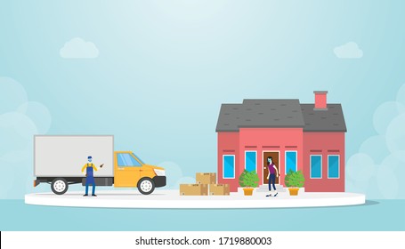 safe delivery concept in corona covid-19 season pandemic with people wearing mask with modern flat style