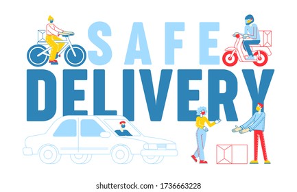 Concepto de entrega segura. Personajes nutritivos con mascara entregando mercaderías a los clientes durante la pandemia del Coronavirus usan carteles de carteles para coches, bicicletas, moto a pie. Ilustración de vectores de personas lineales