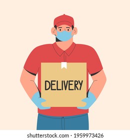 Safe delivery concept. Courier delivering order in protective medical mask and gloves. Vector flat cartoon illustration