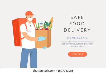 Safe Delivery Concept. Courier Hold Boxes In Medical Mask And Gloves, Delivers The Package, Parcel Or Food During Quarantine. Contact Free 24/7 Delivery Service During  Coronavirus. Banner Web Design