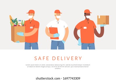 Safe Delivery Concept. Courier hold boxes in medical mask and gloves, delivers the package, parcel or food during quarantine. Contact free 24/7 delivery service during  Coronavirus. Banner web design