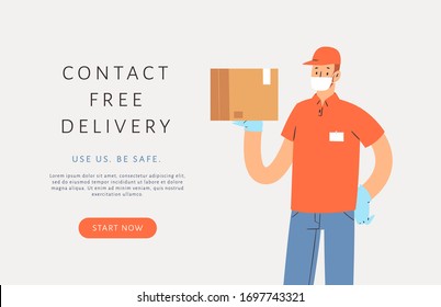 Safe Delivery Concept. Courier hold boxes in medical mask and gloves, delivers the package, parcel or food during quarantine. Contact free 24/7 delivery service during  Coronavirus. Banner web design