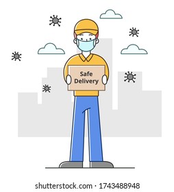 Safe delivery concept, a courier in the mask. Vector linear illustration in a flat style.