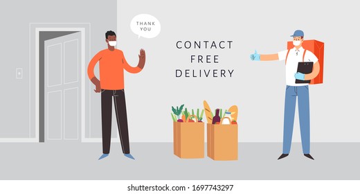 Safe Delivery Concept. Courier in medical mask and gloves delivers the package, parcel or food during quarantine. Contact free 24/7 delivery service with social distance during  Coronavirus.