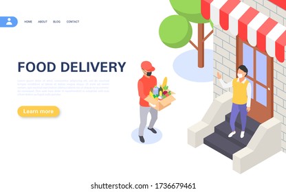 Safe Delivery Concept. A courier in a protective mask and gloves delivers food to the client at home. Vector isometric illustration.