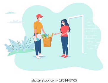 Safe delivery concept. Courier in protective mask and gloves deliver food to people in quarantine. Girl in mask receives the parcel with food. Vector illustration. Coronavirus, quarantine delivery.