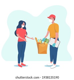 Safe delivery concept. Courier in protective mask and gloves deliver food to people in quarantine. Girl in mask receives the parcel with food. Vector illustration. Coronavirus, quarantine delivery.