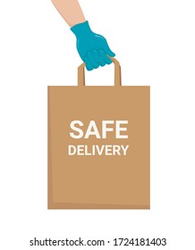 Safe delivery concept. Courier's hand in glove holds bag with ordered products. Organic, eco, paper package. Delivery home and office. Flat vector design. Isolated on white background.