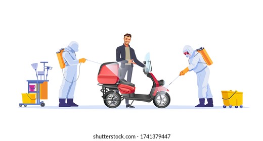 Safe delivery concept design. Courier on moped parcel or food during quarantine. The safety of the Delivery during the quarantine. Cartoon vector illustration isolated on white background